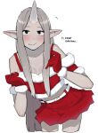  blush dress english_text fang fur_trim gloves hat horns long_hair looking_at_viewer merry_christmas midriff ohasi oni_(ohasi) oni_horns original pleated_skirt pointy_ears santa_dress santa_hat simple_background single_horn skin_fang skirt solo white_background 
