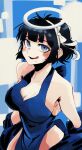  1girl :p angel armpits azazel_(helltaker) bad_id bad_twitter_id bangs bare_shoulders black_hair blue_background blue_dress blue_eyes blue_shirt blunt_bangs blush bob_cut breasts cleavage collarbone dress hairband halo halterneck heart heart-shaped_pupils helltaker highres hip_focus karon_4_coron large_breasts licking_lips looking_at_viewer messy_hair ribbon shirt short_hair side_slit smile solo sweat sweatdrop symbol-shaped_pupils teeth tongue tongue_out two-tone_background undressing upper_body upper_teeth_only upturned_eyes white_background white_hairband white_ribbon wide_hips 
