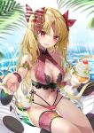  1girl akatsuki_hijiri bangs bare_shoulders bikini blonde_hair blush breasts cleavage earrings ereshkigal_(fate) fate/grand_order fate_(series) highres jewelry long_hair looking_at_viewer navel open_mouth parted_bangs red_eyes smile solo swimsuit thighs two_side_up 