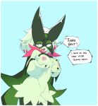  2022 3_fingers anthro areola black_claws black_legs blue_background border breast_fondling breast_grab breast_play breasts chest_tuft claws dialogue digital_media_(artwork) english_text fangs female fingers fondling front_view fur generation_9_pokemon green_body green_fur green_hair hair half-closed_eyes hand_on_breast hand_on_own_breast hi_res khatnid looking_at_viewer meowscarada multicolored_body narrowed_eyes nintendo nipples nude open_mouth open_smile pink_areola pink_eyes pink_nipples pink_nose pokemon pokemon_(species) signature simple_background smile solo speech_bubble standing talking_to_viewer teeth text tongue tuft white_border 