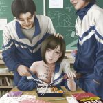  1girl 2boys absurdres bento black_hair body_writing chalkboard classroom cum cum_in_mouth ejaculation embarrassed erection exhibitionism fivez food gokkun green_eyes handjob highres joshi_kousei long_hair looking_at_viewer lunchbox medium_hair multiple_boys original penis public_indecency school_uniform undressing uniform 