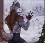  2022 5_fingers anthro athletic athletic_anthro athletic_male back_muscles black_nose boxers_(clothing) butt canid canine canis christmas christmas_tree clothed clothing fingers fur grey_body grey_fur hi_res holidays male mammal marsel-defender plant smile snow snowing snowman solo teeth topless topless_anthro topless_male tree underwear wolf 