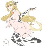  1girl animal_ears animal_print antlers ass bangs bare_shoulders bell bikini black_footwear blonde_hair bow bowtie breasts bridal_gauntlets cleavage cow_ears cow_horns cow_print cowbell detached_collar dragon_girl dragon_tail fingernails futaba_channel hair_between_eyes high_heels highres horns jewelry kouryuu_(nijiura_maid) large_breasts lips long_hair lying micro_bikini midriff navel neck_bell nijiura_maids on_side open_mouth pink_lips pointy_ears print_bikini print_legwear red_bow red_bowtie ring ruriwo_(ruriwo1894) shoes simple_background skindentation solo swimsuit tail thighhighs thighs underboob undone_bikini untied untied_bikini white_background yellow_eyes yellow_horns yellow_tail 