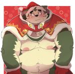  2022 absurd_res anthro belly big_belly black_nose blush canid canine canis christmas christmas_clothing christmas_headwear clothing domestic_dog dumdum green_body hat headgear headwear hi_res holidays kemono male mammal mokdai moobs nipples overweight overweight_male santa_hat solo 