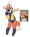 anthro bag_of_lewds black_body black_fur blue_clothing canid canine canis clothing facial_markings fur head_markings hi_res holding_bat holding_object leg_markings mammal maned_wolf markings multicolored_body multicolored_fur orange_tail paws smile socks_(marking) solo super_animal_royale tail_markings tan_body tan_fur tan_tail topwear two_tone_body two_tone_fur two_tone_tail white_tail wolf yellow_clothing 