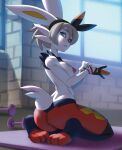  2019 3_toes alanscampos alternate_species anthro barefoot bea_(pokemon) big_ears biped breasts butt butt_pose cinderace clothing digital_media_(artwork) dumbbell dynamax_band feet female furrification generation_8_pokemon genitals gloves grey_hair gym_leader hair handwear hi_res inside kneeling lagomorph mammal mat nintendo nipples nude nude_anthro nude_female pokemon pokemon_(species) pose pussy short_hair short_tail sitting soles solo text toes url video_games weights window 