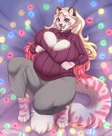  anthro big_breasts blonde_hair blue_eyes bottomwear breasts christmas_lights cleavage cleavage_cutout clothed clothing felid female fluffy fluffy_tail fully_clothed fur hair hi_res mammal marzipan_(spottedtigress) open_mouth overweight overweight_female pantherine pants smile solo spottedtigress striped_body striped_fur stripes sweater tiger topwear turtleneck 