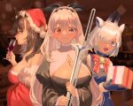  3girls alchemy_stars bangs bell bethel_(alchemy_stars) black_dress black_hair blue_eyes blurry blurry_background blush bow box breasts broken_horn champagne_flute chicha_(chi_cha_rigbo) cleavage cleavage_cutout closed_mouth clothing_cutout collar connolly_(alchemy_stars) cross cross_necklace cup dress drinking_glass english_commentary gift gift_box grey_hair hair_bow hair_over_one_eye hairband hands_up hat heterochromia highres holding holding_cup holding_gift holding_instrument horns indoors instrument jewelry juliet_sleeves large_breasts long_hair long_sleeves multiple_girls neck_bell necklace open_mouth puffy_sleeves red_eyes santa_hat sariel_(alchemy_stars) sideways_glance smile trombone upper_body 