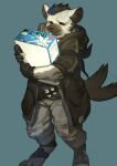  2019 anthro arknights black_body black_fur black_hair blue_hair bottomwear box claws clothing coat container ear_piercing eyebrow_piercing facial_piercing fingerless_gloves fur gloves grey_body grey_fur hair handwear hi_res holding_box holding_container holding_object hyena hypergryph male mammal milkytiger1145 multicolored_hair pants piercing solo spot_(arknights) spots spotted_body spotted_fur spotted_hyena studio_montagne tail_motion topwear two_tone_hair 