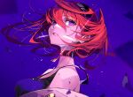  1girl breasts choker colored_eyelashes earrings from_side hair_between_eyes headband jewelry looking_at_viewer off_shoulder original parted_lips pokimari portrait purple_background purple_eyes red_hair red_pupils solo 