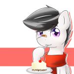  1:1 ambiguous_gender black_hair cake dessert eating eating_food equid equine feral food glistening glistening_eyes hair hi_res holding_object holding_plate horse kewkungzn looking_at_viewer mammal mouth_closed object_in_mouth pony purple_eyes red_scarf scarf simple_background solo unsigned white_body 