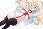  :d ahoge armpits bed bed_sheet black_thighhighs blonde_hair blue_eyes blush breasts character_request choker collarbone convenient_leg copyright_request highres long_hair looking_at_viewer lying naked_ribbon on_back on_bed ribbon smile thighhighs torakami14 