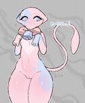  anthro bell bell_collar belly bow_ribbon breasts bughxgs collar female generation_1_pokemon genitals legendary_pokemon mew_(pokemon) moo_(bughxgs) nintendo nude pokemon pokemon_(species) pussy shy simple_background slim small_breasts small_waist solo solo_focus thick_thighs wide_hips 