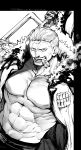  1boy abs absurdres bara bare_pectorals cigar coat cowboy_shot facial_hair frown goatee highres large_pectorals male_focus mature_male muscular muscular_male navel nowosuke one_piece open_clothes open_coat over_shoulder pectorals short_hair sideburns smoker_(one_piece) smoking solo stomach stubble weapon weapon_over_shoulder 