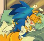  bed canid canine duo embrace eulipotyphlan fox furniture hedgehog hi_res hug kissing laugh male mammal miles_prower sega sonic_the_hedgehog sonic_the_hedgehog_(series) young 