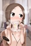 1girl absurdres blush breasts brown_eyes brown_hair chair cum cum_on_clothes flat_chest forehead hetero highres holding holding_clothes holding_panties holding_underwear implied_after_sex indoors karakai_jouzu_no_takagi-san long_hair looking_to_the_side male_pubic_hair nipples note2000 panties pink_panties presenting_panties pubic_hair sitting small_breasts solo stained_panties straight_hair stray_pubic_hair takagi-san underwear upper_body 