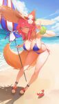  1girl absurdres animal_ears beach beach_umbrella bikini bikini_under_clothes blue_bikini blue_nails blue_sky bracelet breasts cloud crab day fate/grand_order fate_(series) flower fox_ears fox_girl fox_shadow_puppet fox_tail full_body grin hair_flower hair_ornament highres holding holding_umbrella innertube jewelry large_breasts leaning_forward legs looking_at_viewer milim_nova nail_polish ocean outdoors pink_hair sandals sky smile solo swimsuit tail tamamo_(fate) tamamo_no_mae_(swimsuit_lancer)_(fate) thighs toenail_polish toenails umbrella yellow_eyes 