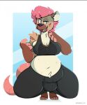  2019 anthro balls belly big_belly black_clothing bodily_fluids bottomwear breasts brown_body brown_fur bulge claws cleavage clothed clothing dogfluid erection erection_under_clothing facial_markings fur genitals gynomorph hair head_markings hi_res hyena intersex mammal markings navel paws penis pink_body pink_fur pink_hair pink_tail prehensile_tail rat_tail slightly_chubby solo sweat tail_markings tan_body tan_fur thick_thighs topwear white_body white_fur yellow_clothing 