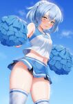  1girl arms_up bangs bare_shoulders blue_hair blue_skirt blue_sky blush breasts cheerleader covered_nipples crossed_bangs embarrassed eyelashes hair_between_eyes highres holding holding_pom_poms light_blue_hair long_hair looking_at_viewer m-da_s-tarou microskirt midriff miniskirt navel open_mouth outdoors pleated_skirt pom_pom_(cheerleading) ponytail rimuru_tempest shiny shiny_skin shirt skirt sky sleeveless small_breasts solo sweat tensei_shitara_slime_datta_ken thighs white_shirt yellow_eyes 