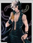  1boy bare_shoulders belt black_hair book cane devil_may_cry_(series) devil_may_cry_5 feathers fingerless_gloves full-body_tattoo gloves grey_eyes grin hair_over_one_eye highres holding holding_book jewelry looking_at_viewer male_focus multicolored_hair necklace ring single_glove smile solo split-color_hair tattoo tirtyturtle v_(devil_may_cry) white_hair wind 