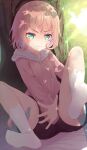  1girl :i bangs bare_legs black_shorts brown_hair flat_chest green_eyes hood hoodie komone_ushio leg_grab light_blush m_legs no_shoes on_floor original outdoors outstretched_hand pink_hoodie pout pov pov_hands short_hair shorts sitting socks soles solo stop_(gesture) thigh_grab tree 