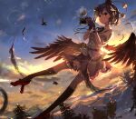  1girl bangs bird_wings black_feathers black_hair black_skirt black_thighhighs black_wings camera closed_mouth collared_shirt feathers frilled_skirt frills full_body geta hat highres holding holding_camera looking_at_viewer mountain noumin_joemanyodw outdoors pom_pom_(clothes) red_footwear red_headwear shameimaru_aya shirt short_hair skirt sky smile solo sunset tengu-geta thighhighs tokin_hat touhou white_shirt wings 