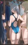  3girls animal_ears ass back_cutout bikini black_hair blue_archive blue_one-piece_swimsuit clothing_cutout frilled_bikini frills from_behind grey_hair halo hand_on_hip highleg highleg_swimsuit highres hood_(james_x) locker locker_room multiple_girls nonomi_(blue_archive) nonomi_(swimsuit)_(blue_archive) one-piece_swimsuit serika_(blue_archive) serika_(swimsuit)_(blue_archive) shiroko_(blue_archive) shiroko_(swimsuit)_(blue_archive) swimsuit yellow_bikini 