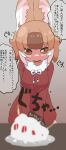  1girl animal_ears breasts brown_eyes brown_hair cake christmas christmas_cake commentary_request crying crying_with_eyes_open damaged dhole_(kemono_friends) dog_ears food fur_trim grey_background highres kemono_friends kemono_friends_3 long_sleeves looking_at_viewer medium_breasts onaji_(sokudo_seigen) santa_costume short_hair solo tears translation_request 