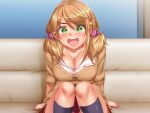 1girl :o arm_behind_back arm_support black_socks blush breasts brown_hair cleavage couch excited game_cg green_eyes gyaru higuchi_nao huge_breasts indoors jewelry knees_together_feet_apart looking_at_viewer nail_polish necklace non-web_source open_mouth saimin_counselor school_uniform shiny shiny_skin sitting socks solo sparkling_eyes teeth twintails un_tabetarou upper_teeth_only 