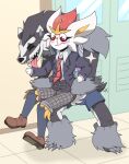  anthro blush bottomwear cinderace clothed clothing confusion crossdressing duo embrace female generation_8_pokemon hug kitsune2000 male nintendo obstagoon pokemon pokemon_(species) shorts sportswear 