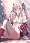  1girl bell boots bra breasts christmas highres long_hair looking_at_viewer neck_bell original rasahan red_eyes red_footwear sitting small_breasts solo thighhighs twintails underwear white_bra white_hair white_thighhighs 
