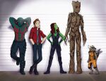  alien alien_humanoid beard boots clothing cowboy_bebop drax_the_destroyer elemental_creature elemental_humanoid facial_hair female flora_fauna footwear gamora groot group guardians_of_the_galaxy human humanoid jacket male mammal marvel marvel_cinematic_universe peter_quill plant plant_humanoid procyonid raccoon red_clothing red_jacket red_topwear rocket_raccoon size_difference star_lord topwear 