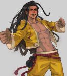  1boy :d abs black_eyes black_hair blush collarbone cowboy_shot drunk gourd grey_background highres jacket jamie_(street_fighter) leaning_back long_hair male_focus muscular muscular_male navel nipples open_clothes open_jacket pants pectorals simple_background smile smirk solo street_fighter street_fighter_6 tirtyturtle undercut yellow_jacket yellow_pants 