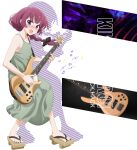  1girl bangs bass_guitar black_bow black_nails blunt_bangs bocchi_the_rock! bow braid commentary_request dress fang geta green_dress hair_bow hair_over_shoulder instrument long_hair medium_dress music official_art playing_instrument purple_eyes purple_hair ringed_eyes single_braid solo toubun14 transparent_background 