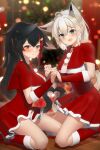  2girls ahoge animal_ear_fluff animal_ears bangs black_hair blurry blurry_background blush braid breasts capelet christmas_tree commentary_request dress earrings expressive_tail extra_ears fang fox_ears fox_girl fox_tail green_eyes hair_between_eyes hair_ornament hairclip heart_tail_duo highres holding_hands hololive indoors jewelry kneeling long_hair looking_at_viewer medium_breasts multiple_girls ookami_mio open_mouth pentagram red_capelet red_dress red_footwear red_hair shirai_yu shirakami_fubuki sidelocks single_braid skin_fang tail virtual_youtuber white_hair wolf_ears wolf_girl wolf_tail yellow_eyes 