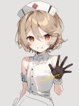  1girl armlet armpit_crease blush braid brown_eyes brown_gloves brown_hair buttons collared_dress dress gloves grey_background hat highres kitsune_ncv looking_at_viewer nurse_cap nurse_robot_type_t simple_background sleeveless sleeveless_dress smile solo upper_body utau white_dress 