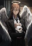  1boy absurdres angel_devil_(chainsaw_man) angel_wings ao_desu2222 black_jacket black_necktie black_pants brown_eyes brown_hair chainsaw_man collared_shirt feathered_wings formal hair_between_eyes halo highres holding holding_skull jacket long_hair looking_at_viewer necktie open_mouth pants shirt shirt_tucked_in skull solo suit suit_jacket white_shirt white_wings wings 
