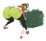  bent_legs bent_over bulb christmas christmas_clothing christmas_headwear christmas_tree clothing female grinch hat headgear headwear holding_object holidays humanoid low_res panties plant red_clothing red_panties red_underwear redblacktac redfred santa_hat solo tree underwear yellow_eyes 