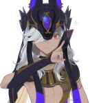  1boy animal_hat bangs black_choker black_headwear card choker commentary_request cyno_(genshin_impact) dark-skinned_male dark_skin egyptian_clothes genshin_impact grey_hair hair_over_one_eye hat highres holding holding_card long_hair looking_at_viewer male_focus mare6ns multicolored_hair parted_lips red_eyes signature simple_background solo sparkle upper_body white_background white_hair 