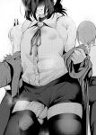  1boy 2girls bare_shoulders chainsaw_man covered_face covered_nipples delta_9 erection genderswap genderswap_(ftm) greyscale hair_over_eyes highres jacket jacket_partially_removed large_penis makima_(chainsaw_man) monochrome multiple_girls otoko_no_ko penis power_(chainsaw_man) reze_(chainsaw_man) ribbon short_shorts shorts sleeveless solo_focus testicles thighhighs tucked_penis 
