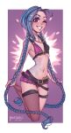  1girl absurdres arm_tattoo artist_name bikini bikini_top_only blue_hair braid breasts bullet_necklace cloud_tattoo full_body grin highres holding holding_hair jinx_(league_of_legends) league_of_legends long_hair no_shoes one_eye_closed pink_shorts purple_eyes purple_nails short_shorts shorts single_thighhigh small_breasts smile solo starli_(starlianechan) swimsuit tattoo thighhighs twin_braids very_long_hair 