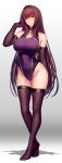  1girl absurdres bangs bare_shoulders blush breasts cleavage covered_navel elbow_gloves fate/grand_order fate_(series) full_body gloves gradient gradient_background grey_background hand_up highleg highleg_swimsuit highres large_breasts long_hair lun7732 one-piece_swimsuit purple_gloves purple_hair purple_one-piece_swimsuit purple_thighhighs red_eyes scathach_(fate) simple_background solo standing swimsuit thighhighs thighs 