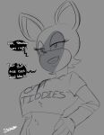  2020 absurd_res anthro bat biped black_and_white clothing crop_top dialogue digital_media_(artwork) english_text female female_anthro grey_background half-closed_eyes half-length_portrait hands_on_hips hands_on_own_hips hi_res inuyuru mammal monochrome narrowed_eyes navel open_mouth portrait rouge_the_bat sega shadow shirt signature simple_background solo sonic_the_hedgehog_(series) speech_bubble text topwear 
