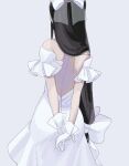  1girl ace_attorney arms_behind_back back bare_shoulders black_hair bow dress facing_away from_behind gloves grey_background hair_ornament highres long_hair maya_fey omen_hohoho own_hands_together simple_background solo white_bow white_dress white_gloves 