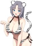  1girl :d animal_ears animal_print bangs bikini blue_eyes blush breasts cat_ears cat_tail cleavage collarbone fake_animal_ears grey_hair halterneck highres large_breasts leaning_forward looking_at_viewer medium_hair parted_bangs paw_pose print_bikini senran_kagura side-tie_bikini_bottom simple_background smile solo striped striped_bikini surippa1010 swimsuit tail tiger_print yumi_(senran_kagura) 