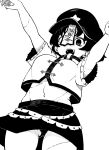  1girl absurdres arms_up cabbie_hat chinese_clothes cowboy_shot fingernails hat hat_ornament high_contrast highres himajin_noizu jiangshi long_fingernails looking_at_viewer miyako_yoshika monochrome ofuda open_mouth outstretched_arms panties panty_peek scar shirt short_hair skirt solo standing star_(symbol) star_hat_ornament tangzhuang teeth touhou underwear upper_teeth_only 