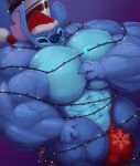  2022 4_fingers abs alien anthro anthrofied biceps biped blue_body blue_claws blue_eyes blue_fur blue_nose bulge candy candy_cane christmas christmas_clothing christmas_headwear christmas_lights claws clothing crotch_tuft dessert digital_media_(artwork) disney ear_tuft electricity experiment_(lilo_and_stitch) finger_claws fingers food fur gradient_background hat headgear headwear hi_res holidays hyper_pecs lilo_and_stitch looking_at_viewer male notched_ear red_clothing red_speedo red_swimwear santa_hat simple_background smile smirk snowflake_print solo speedo stitch_(lilo_and_stitch) swimwear toonpower tuft veiny_muscles 