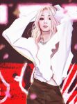  1girl arms_behind_head black_skirt blonde_hair brown_eyes g-i-dle highres jewelry jiangkang_meizi k-pop light_particles long_hair looking_down midriff_peek necklace parted_hair real_life realistic shirt shirt_tucked_in skirt solo song_yu_qi white_shirt 