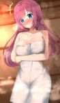  1girl @_@ absurdres aqua_eyes arm_under_breasts bangs bare_arms bare_shoulders bathroom blush breasts cleavage closed_mouth collarbone eyelashes full-face_blush furrowed_brow hand_on_own_chest head_tilt highres indoors large_breasts long_hair looking_at_viewer maniwa_roka mole mole_under_eye naked_towel nervous_smile nodoameyatou parted_bangs purple_hair senren_banka sidelocks smile solo standing steam surprised towel white_towel 