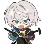  1boy bangs black_gloves brown_jacket cane earrings gloves green_eyes highres holding holding_cane honkai_(series) honkai_impact_3rd jacket jewelry long_sleeves looking_at_viewer lyle_collodi_(honkai_impact) multicolored_clothes multicolored_jacket official_art open_mouth short_hair solo transparent_background upper_body white_jacket 